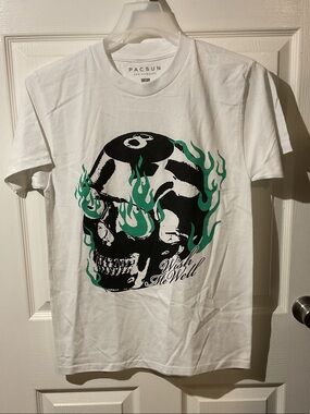 PacSun “Wish Me Well” White Tee with Black Skull and Green Flame Graphic